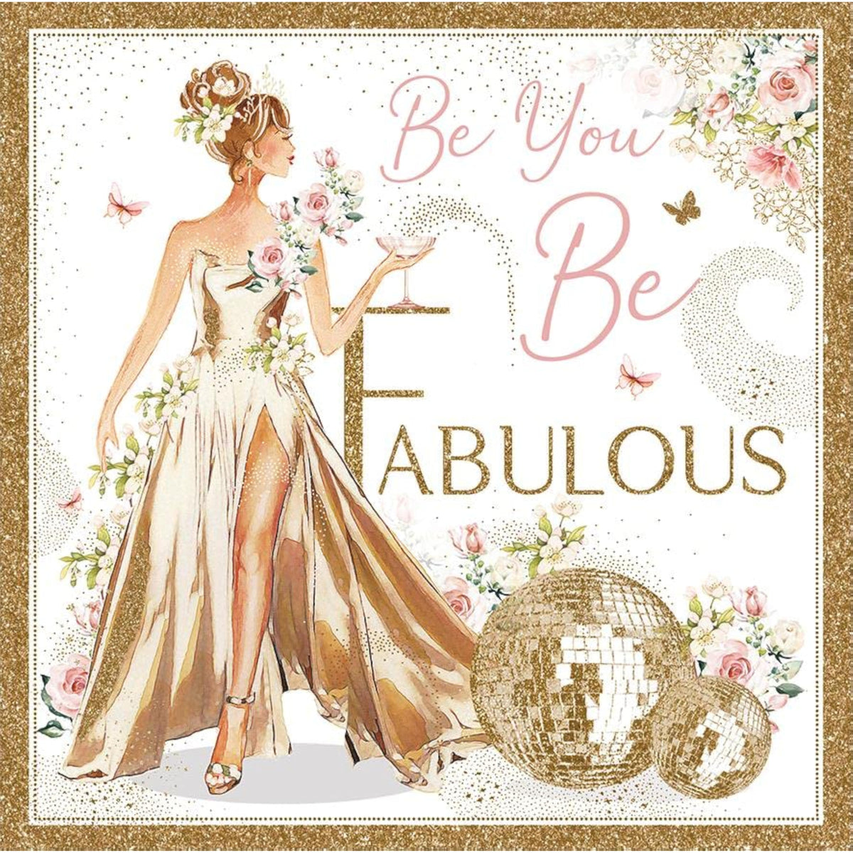 NQ Be Fabulous lady in gold dress birthday card with elegant illustration, perfect for celebrating special occasions.