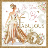 NQ Be Fabulous lady in gold dress birthday card with elegant illustration, perfect for celebrating special occasions.