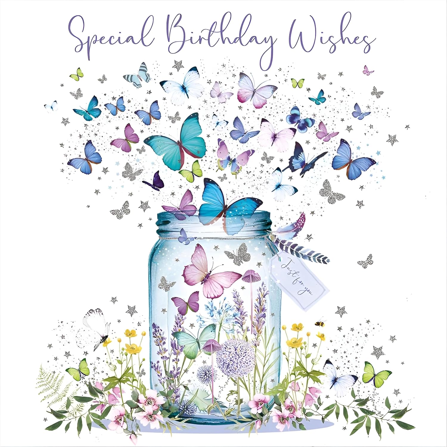 Silver foil birthday card featuring a butterfly jar illustration from NQ, with elegant and colorful design for celebrating birthdays.