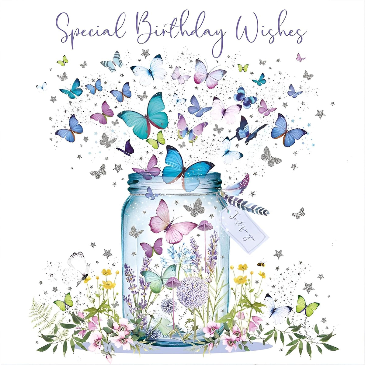 Silver foil birthday card featuring a butterfly jar illustration from NQ, with elegant and colorful design for celebrating birthdays.