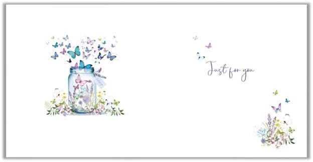 Silver foil birthday card featuring a butterfly jar illustration from NQ, with elegant design and floral details.