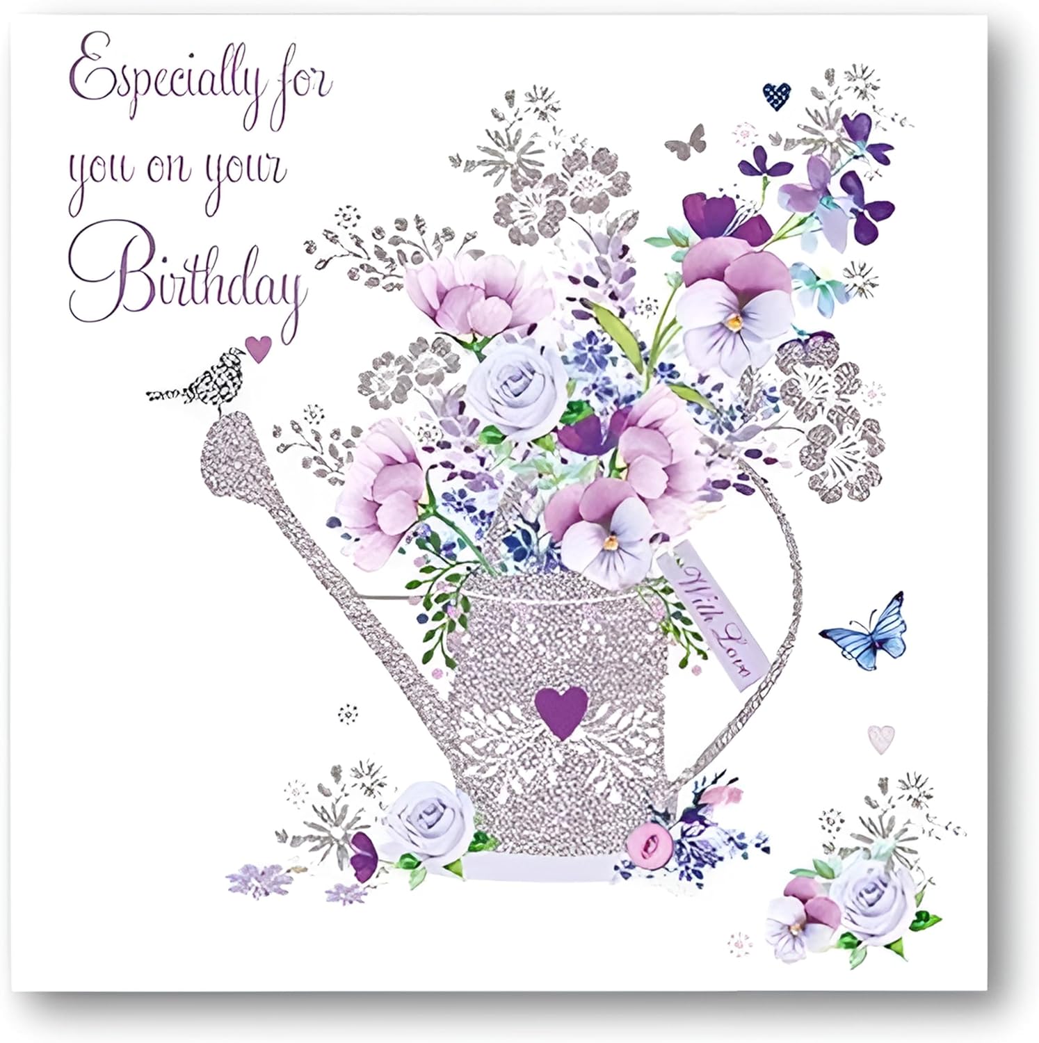 Female birthday card featuring a floral watering can design with foil details, eco-friendly and suitable for women and girls.