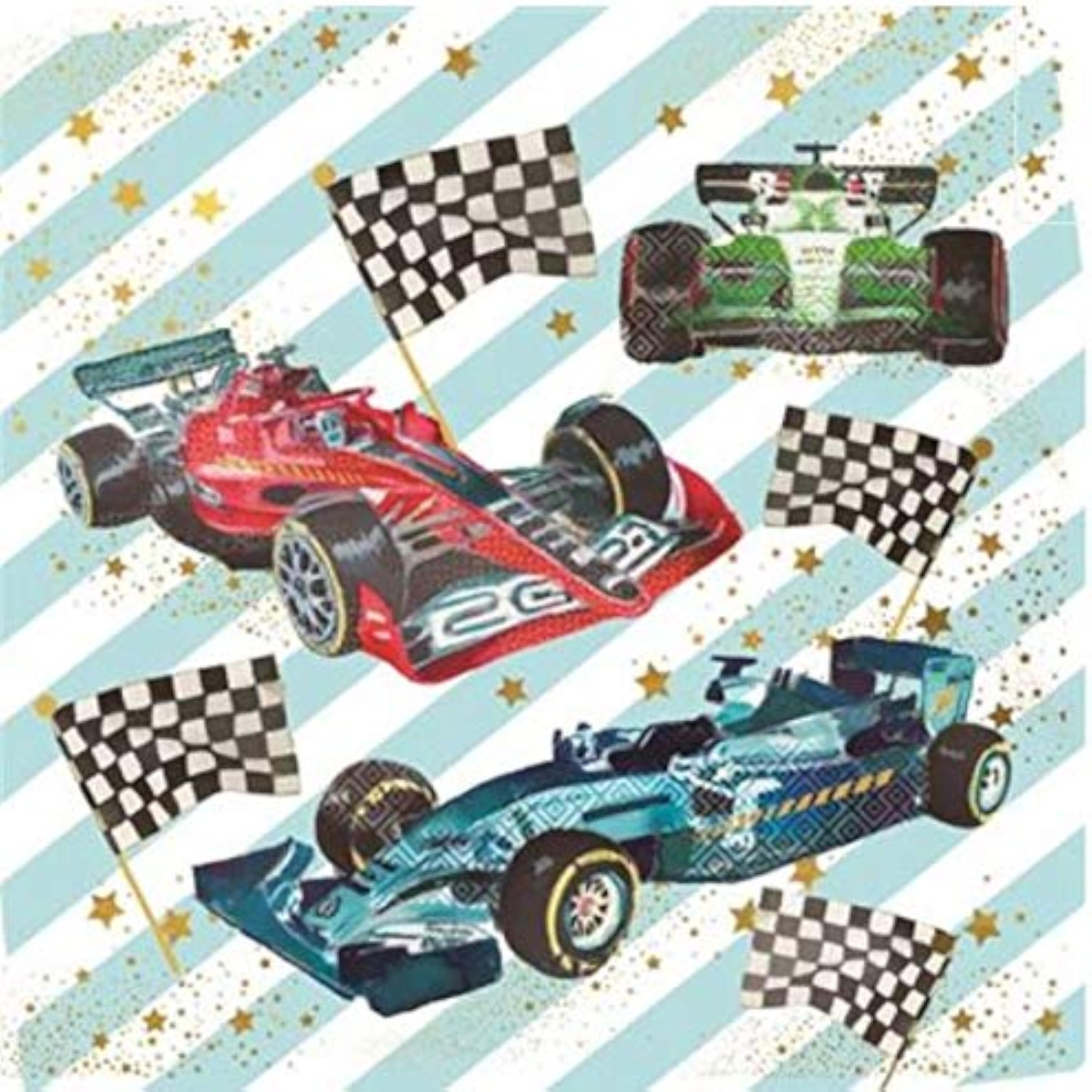 NQ Formula One F1 Race Cars birthday card featuring colorful racing cars and dynamic race track design.