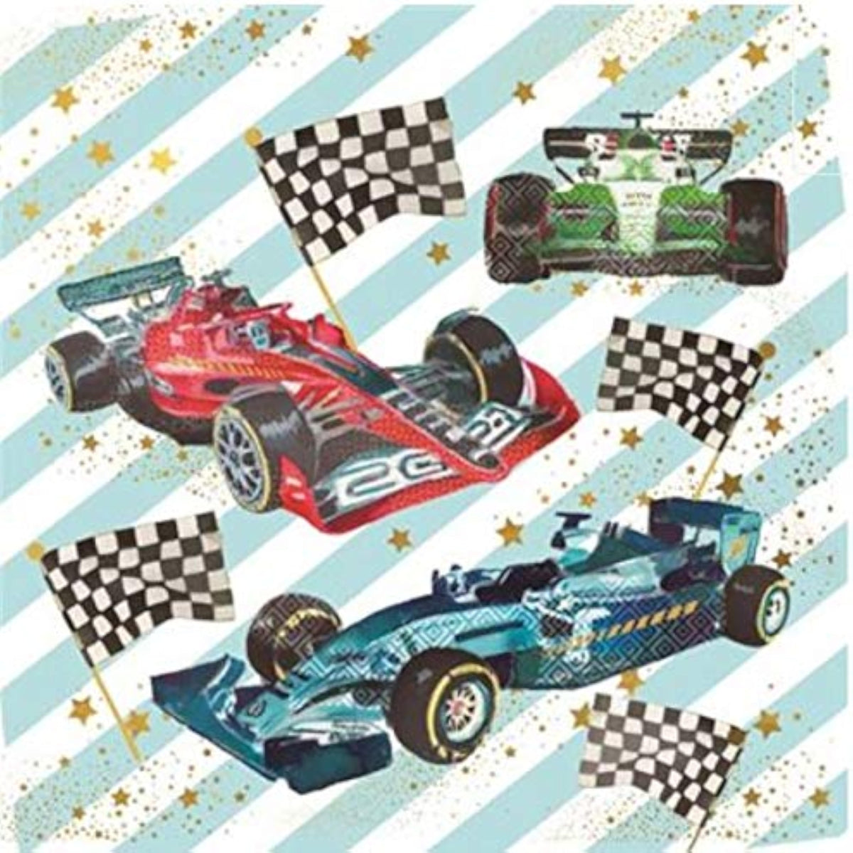 NQ Formula One F1 Race Cars birthday card featuring colorful racing cars and dynamic race track design.