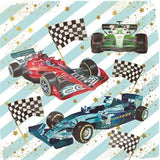 NQ Formula One F1 Race Cars birthday card featuring colorful racing cars and dynamic race track design.