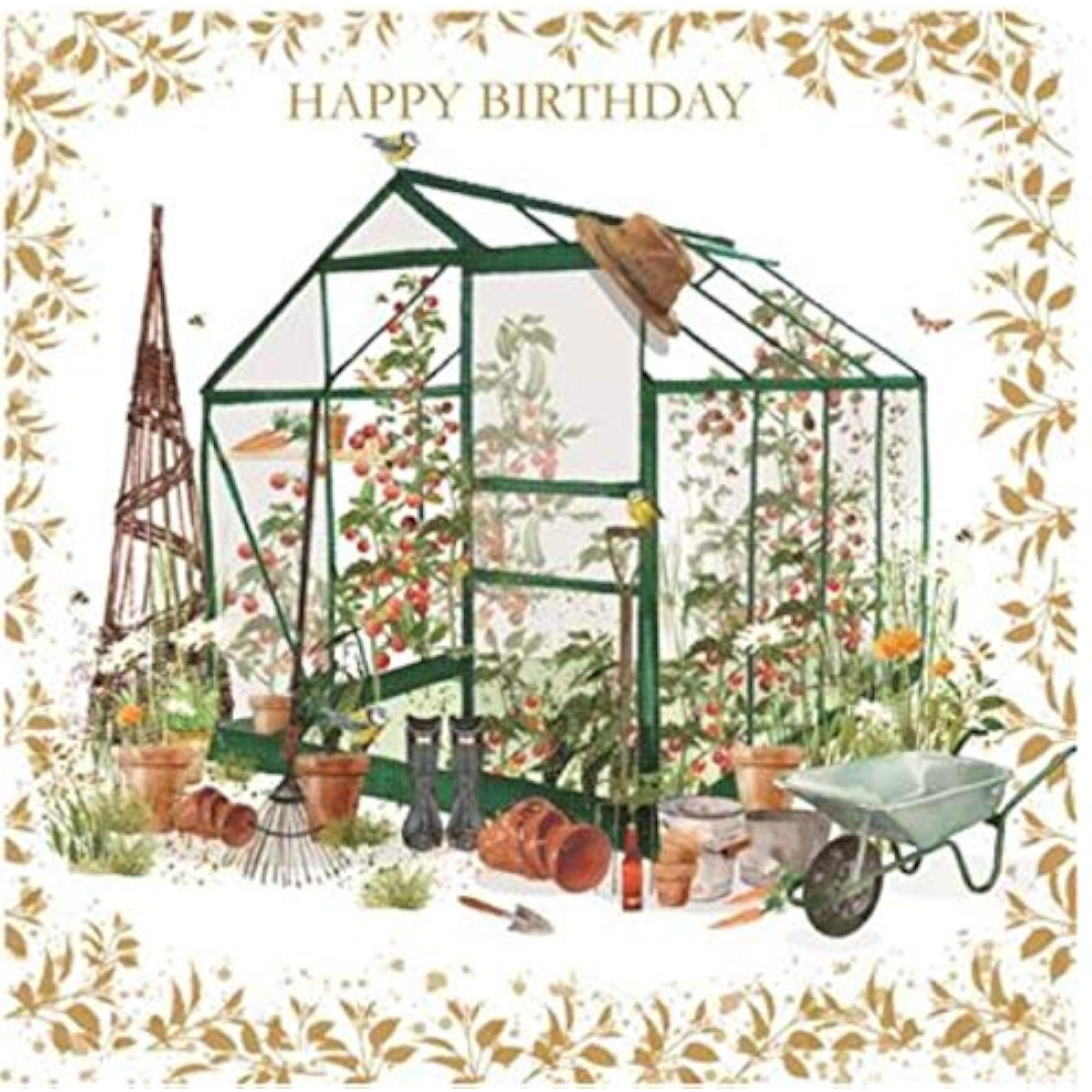 NQ gardening greenhouse birthday card with gold foil finish, featuring vibrant floral and plant illustrations on a festive background.