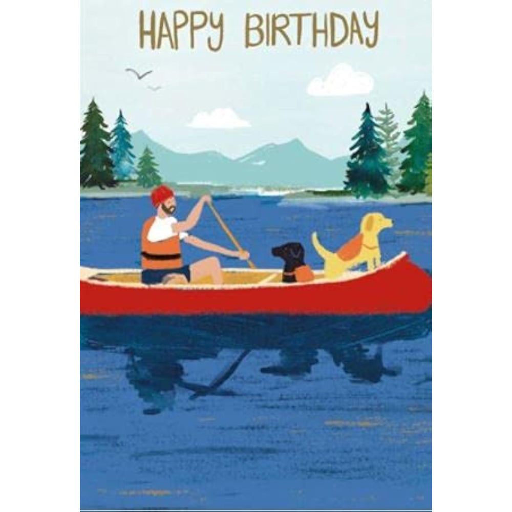 NQ birthday card featuring a man and dogs in a canoe, with a cheerful outdoor scene, ideal for celebrating birthdays.