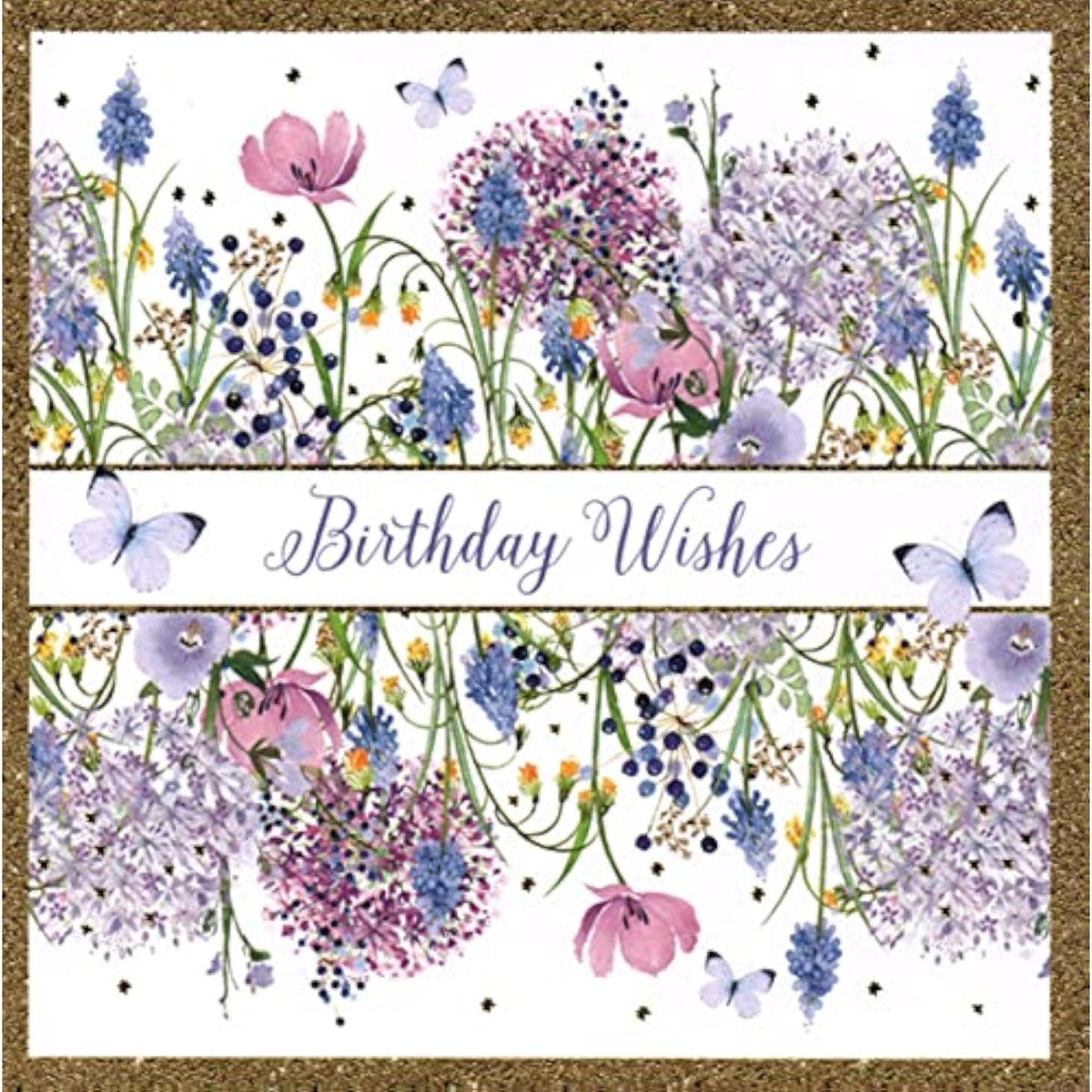 Pretty birthday card featuring a ditsy floral band design by NQ, with a cheerful "Happy Birthday" message on the front.