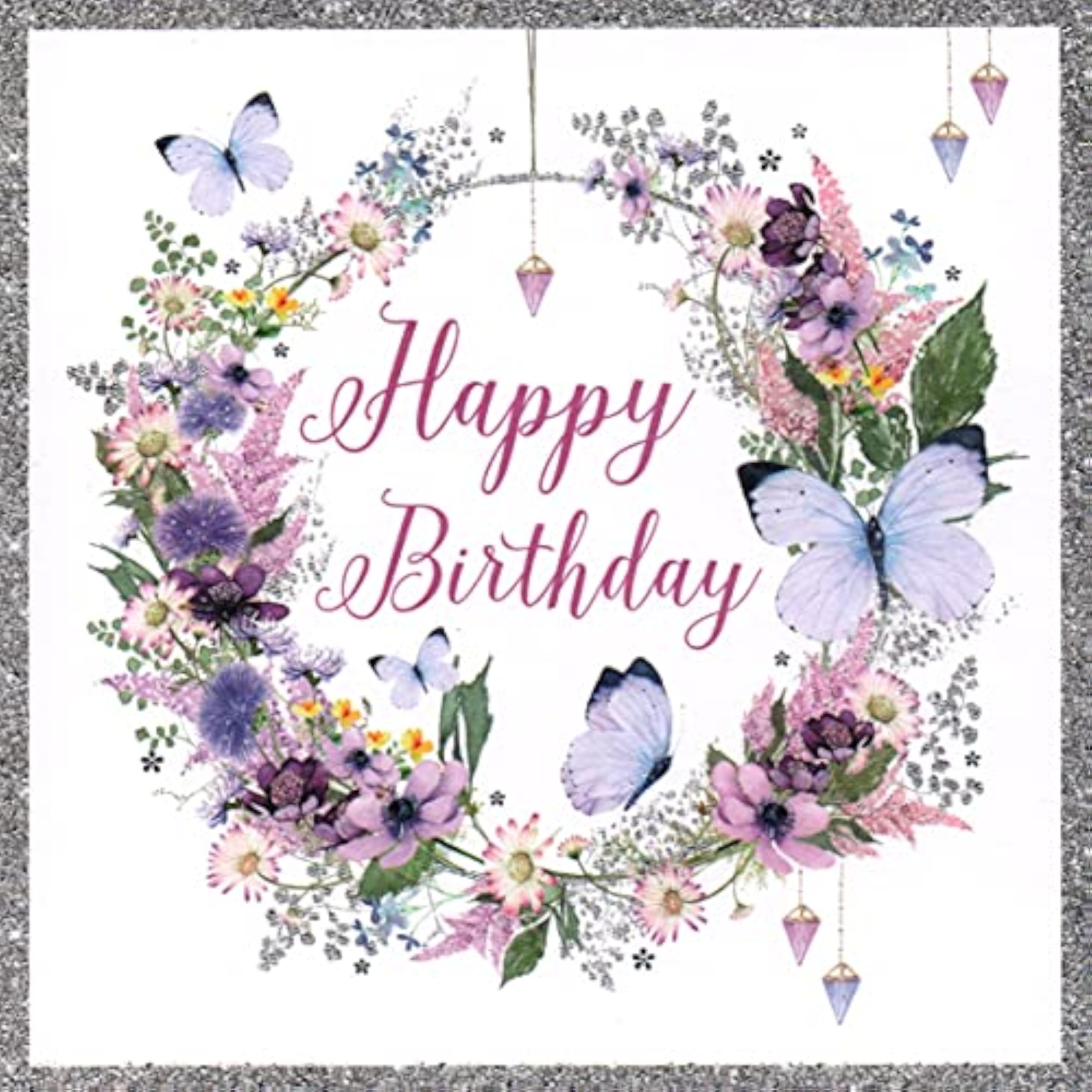 Pretty floral hoop and butterfly birthday card by NQ featuring delicate flowers and charming butterfly illustrations.
