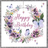 Pretty floral hoop and butterfly birthday card by NQ featuring delicate flowers and charming butterfly illustrations.