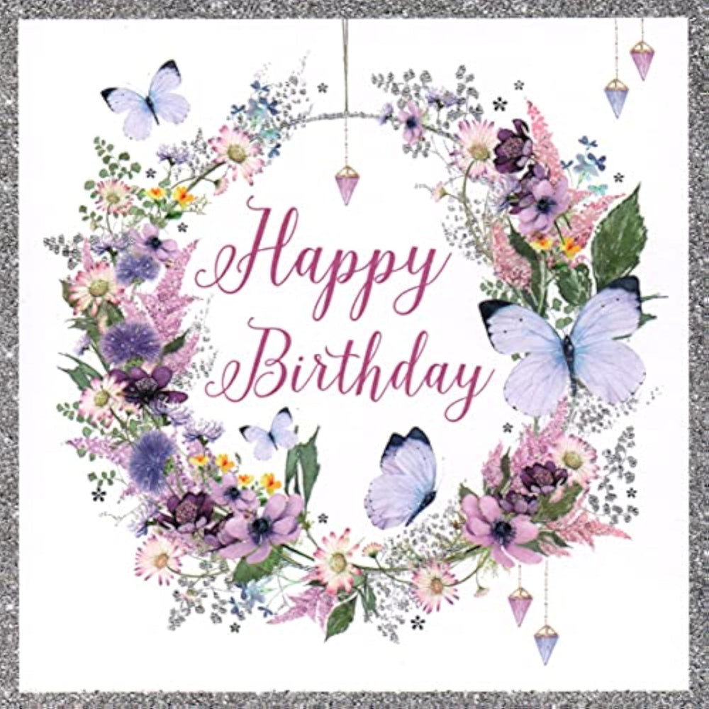 NQ birthday card featuring a pretty floral hoop design with butterflies, suitable for celebrating birthdays.