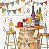 NQ birthday card featuring wine, beer, and whiskey with colorful bunting for celebration and festive occasion.