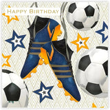 Sporty artistic greeting card by NQ featuring football boots design, suitable for men and boys' general occasions.
