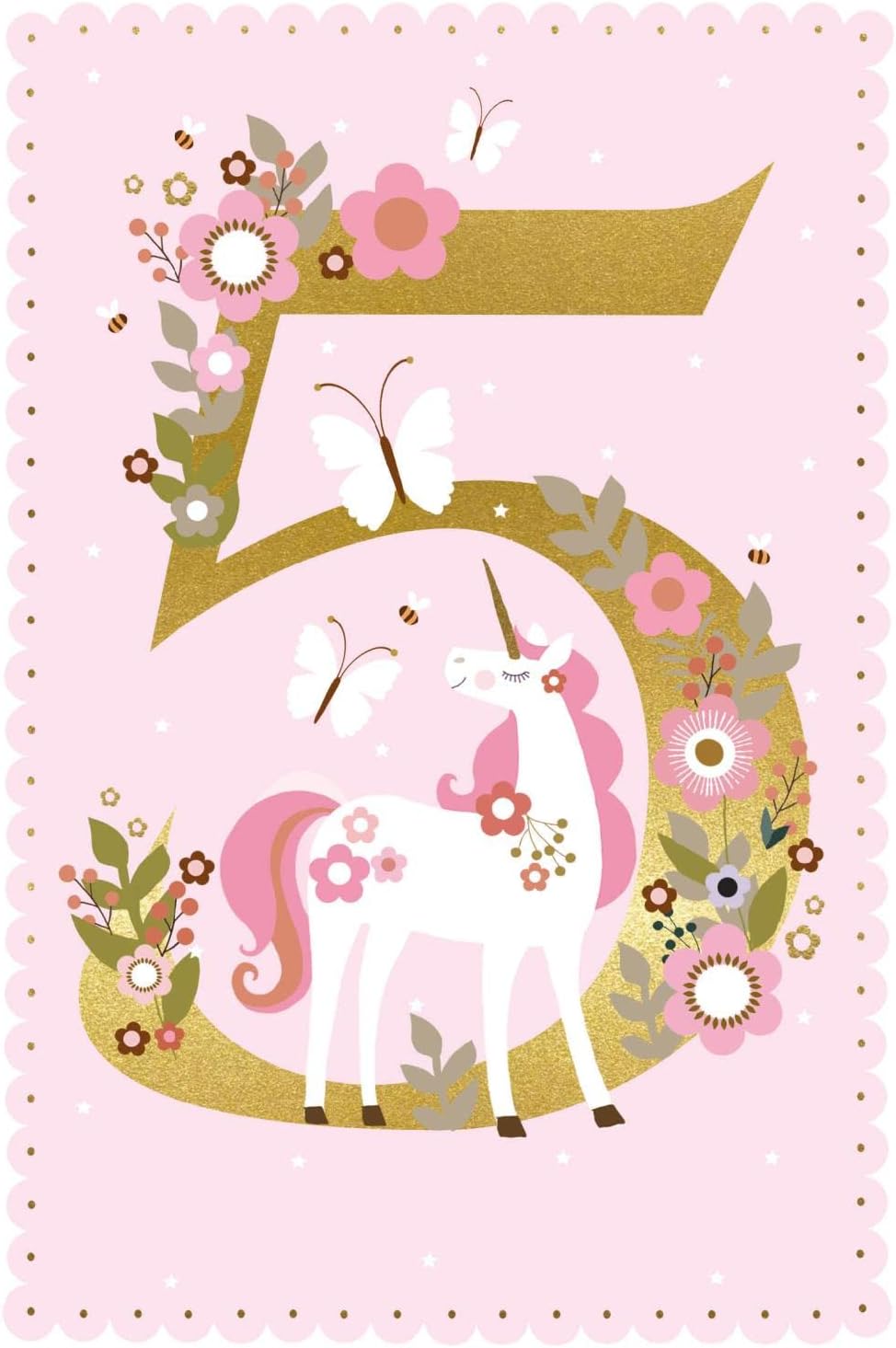 Unicorn and floral birthday greeting card for girls' 5th birthday with gold foil accents, from NQ greeting card collection.