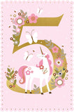 Unicorn and floral birthday greeting card for girls' 5th birthday with gold foil accents, from NQ greeting card collection.