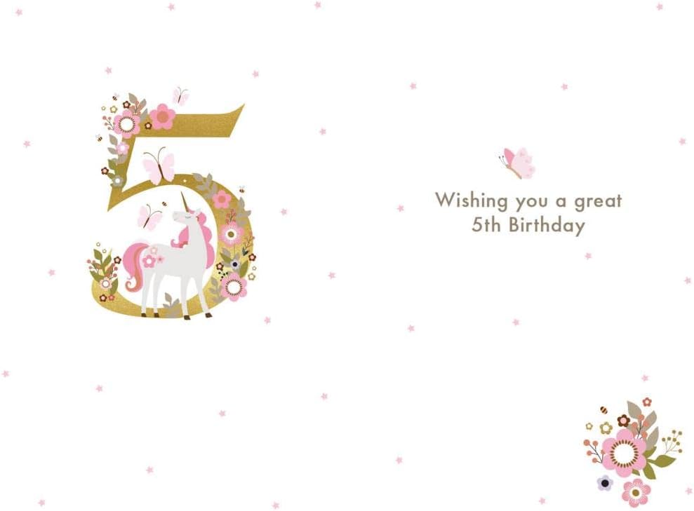 NQ greeting card featuring a unicorn and flowers with gold foil accents for a girl's 5th birthday celebration.