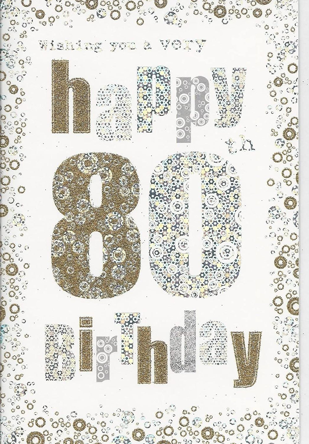 Elegant 80th birthday greeting card by NQ with gold and silver spots design, suitable for him or her.
