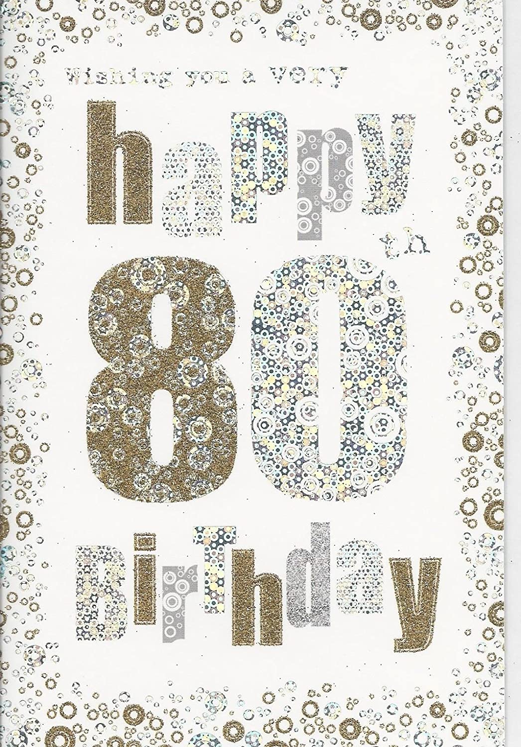 Elegant 80th birthday greeting card by NQ with gold and silver spots design, suitable for him or her.