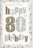 Elegant 80th birthday greeting card by NQ with gold and silver spots design, suitable for him or her.
