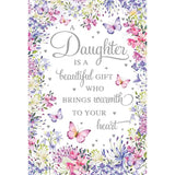 Beautiful daughter birthday greeting card with floral border and butterflies by NQ, featuring colorful floral and butterfly design.