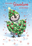 NQ Grandson Christmas Card featuring a penguin and tree design with red foil accents, perfect for holiday greetings.