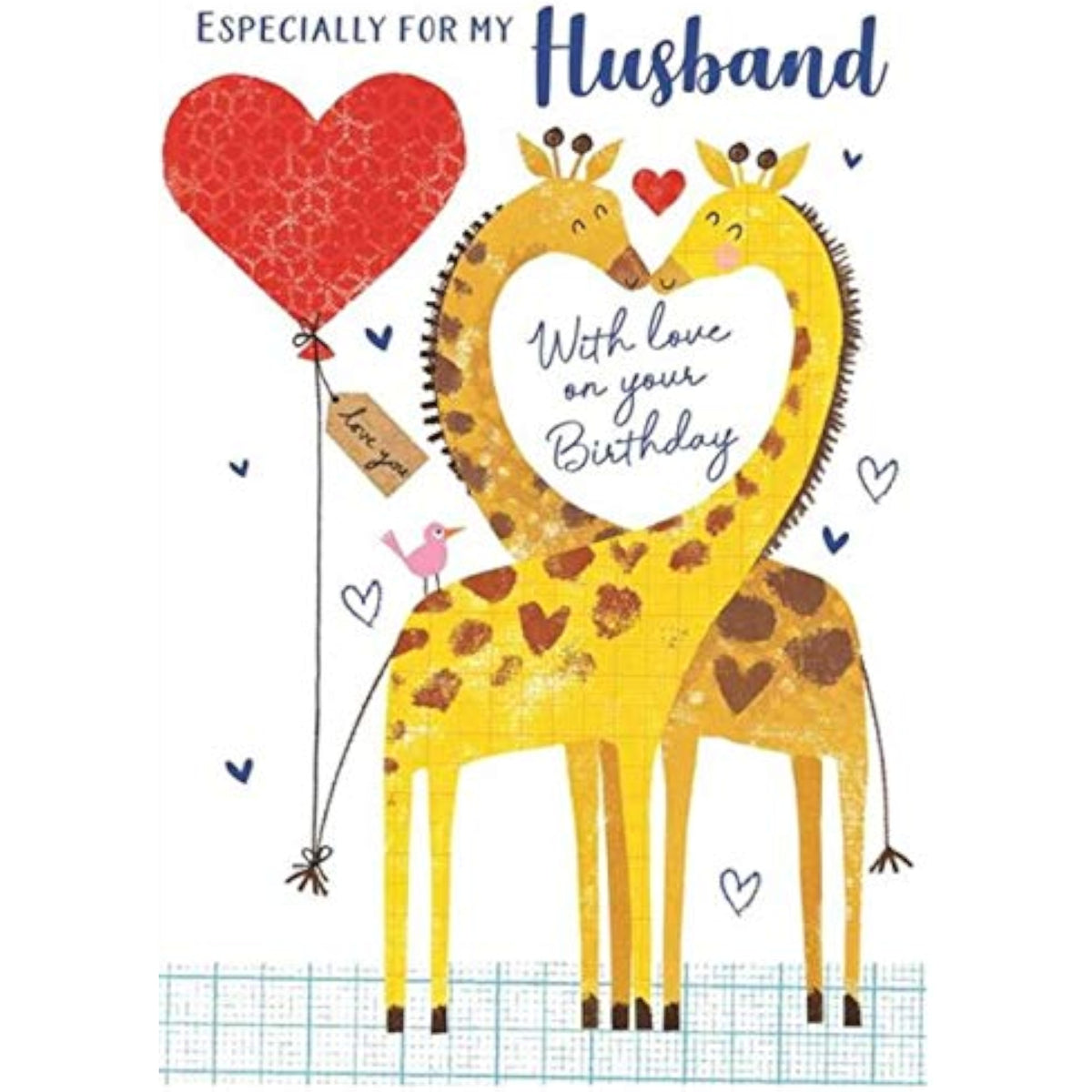 Heart Balloon Giraffes Husband Birthday Card from NQ greeting cards, featuring a romantic design with two giraffes and heart-shaped balloons.