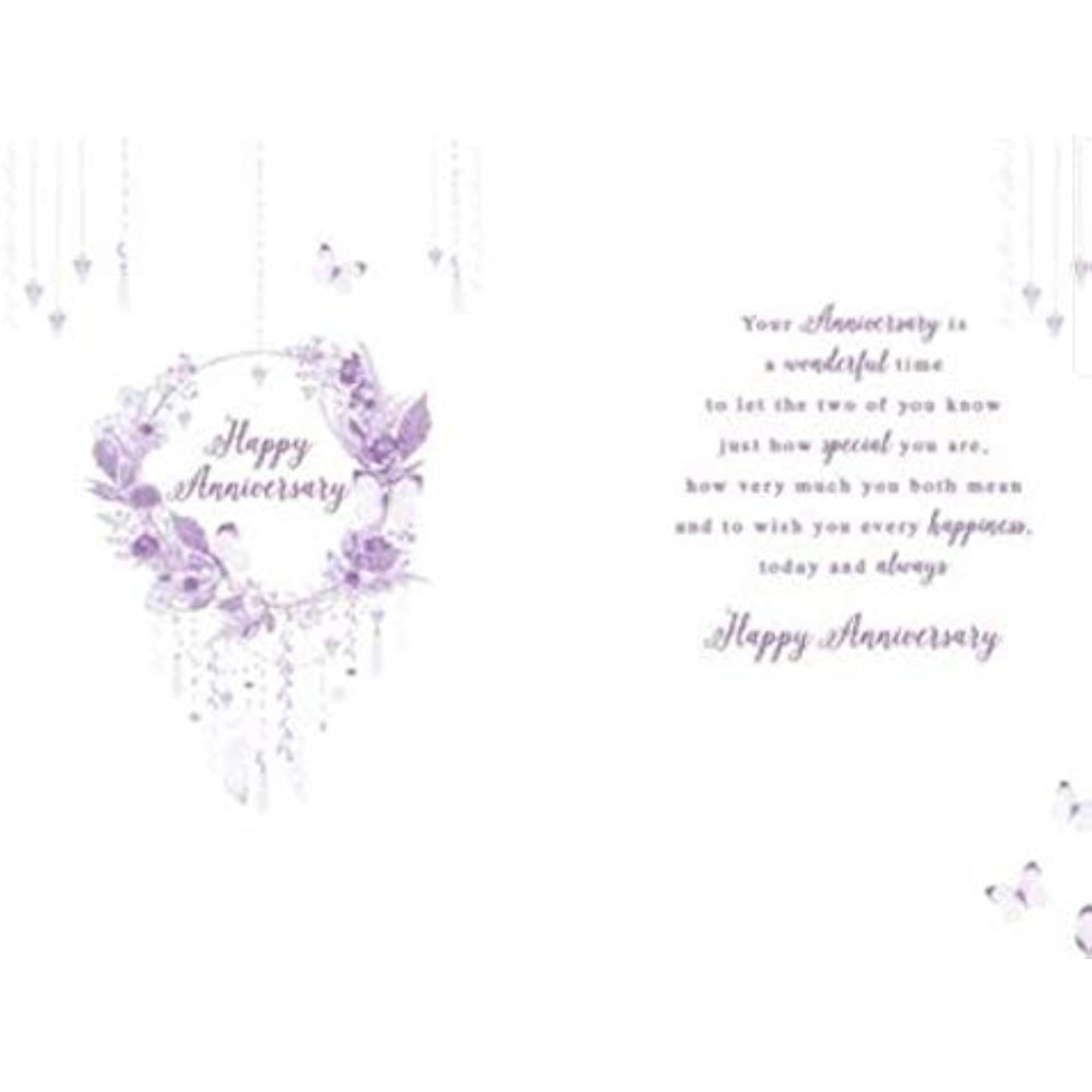 Nigel Quiney Brother and Sister-in-Law Anniversary Card with floral wreath and dream catcher design, silver accents, greeting card.
