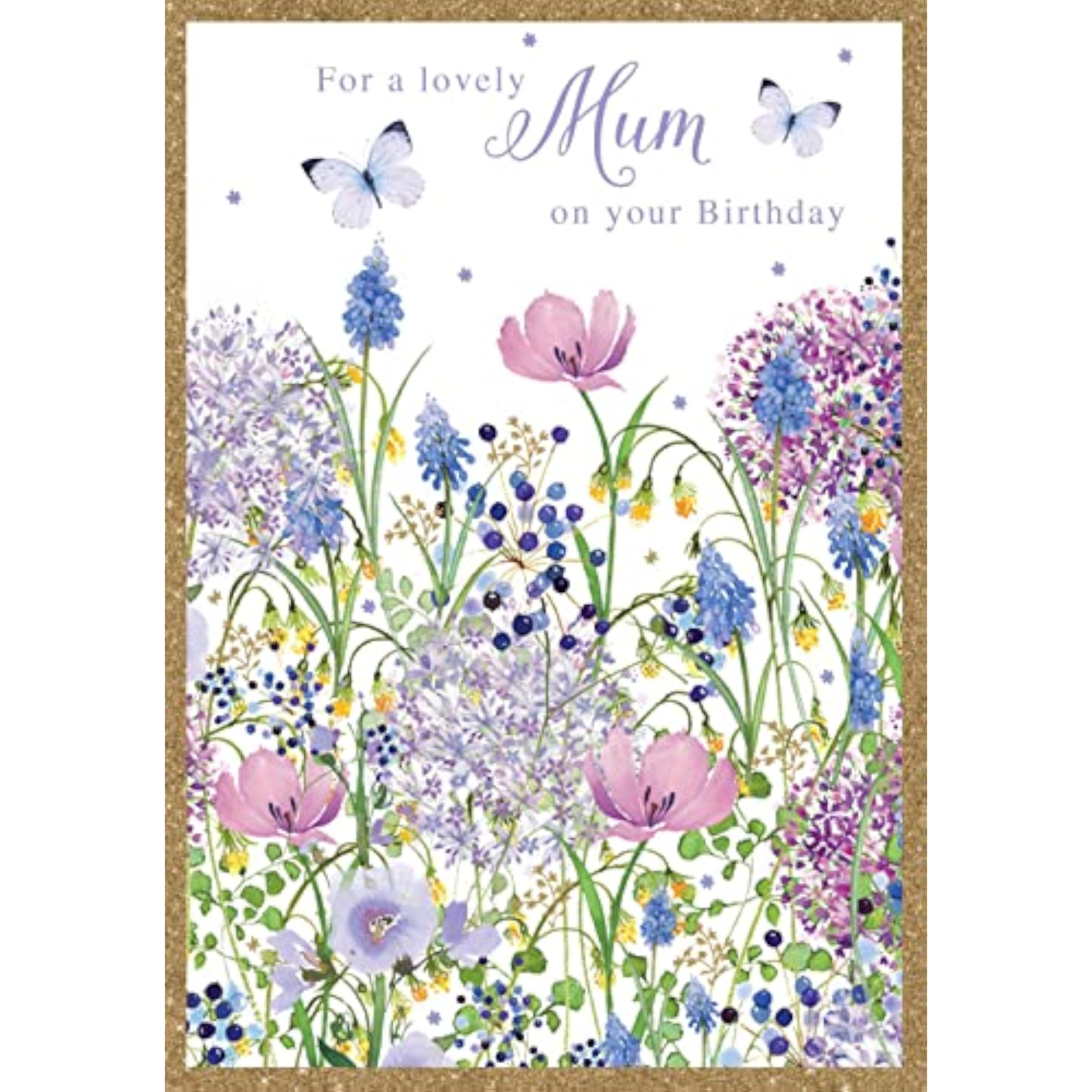Watercolour purple flowers and butterflies birthday greeting card with foil details, designed by NQ for celebrating mums.