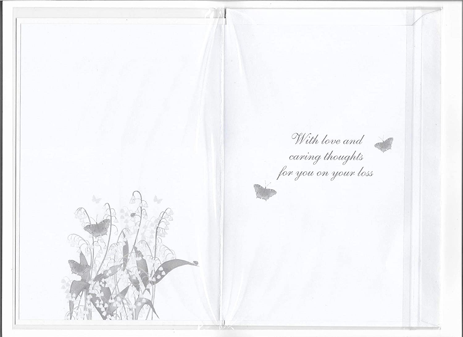 Sympathy card featuring butterflies and lily of the valley flowers, with soft pastel colors and elegant design by NQ.
