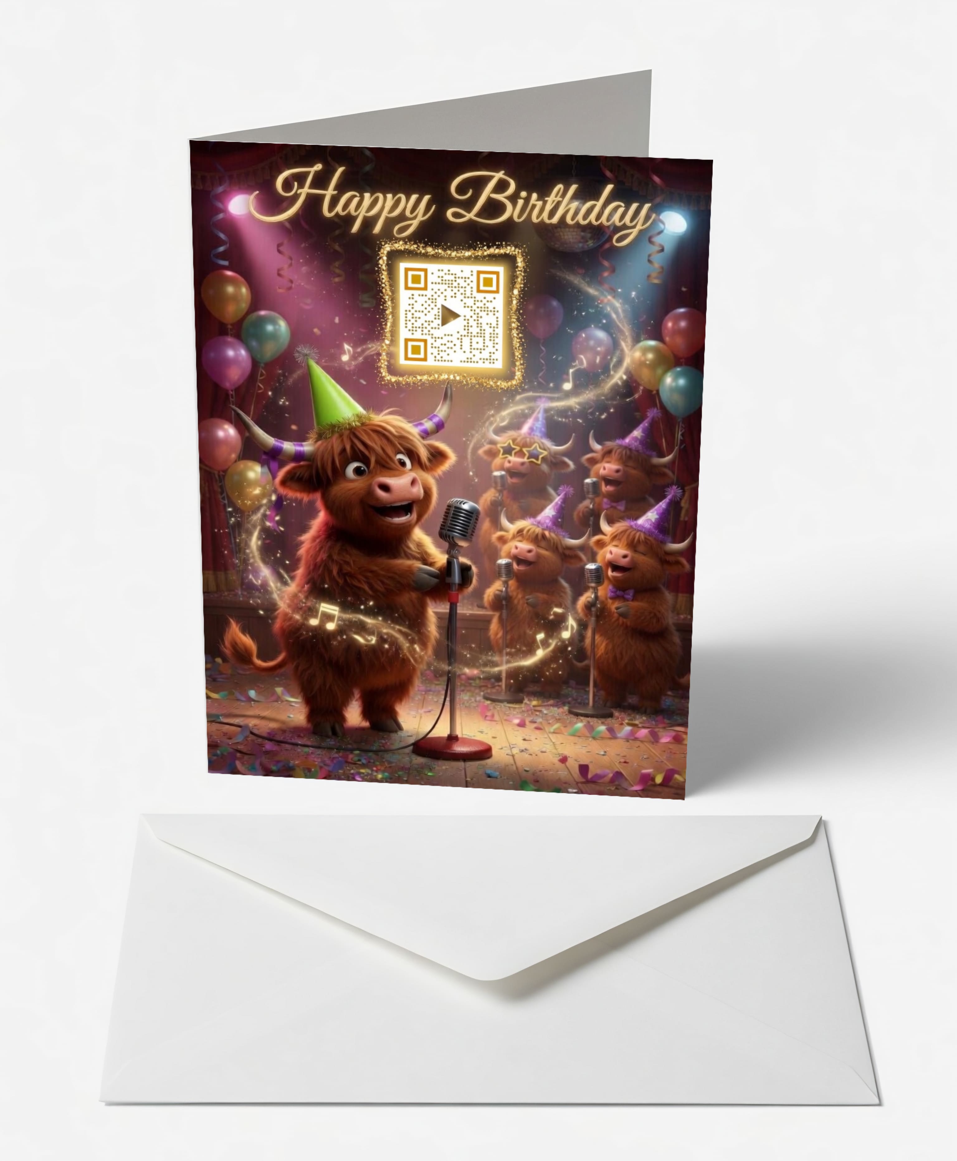 Scanimate | Birthday Card | Harmonious Highland Cow Design | Interactive QR Song | With Envelope | Happy Birthday Greeting Card | Him/Boys/Men