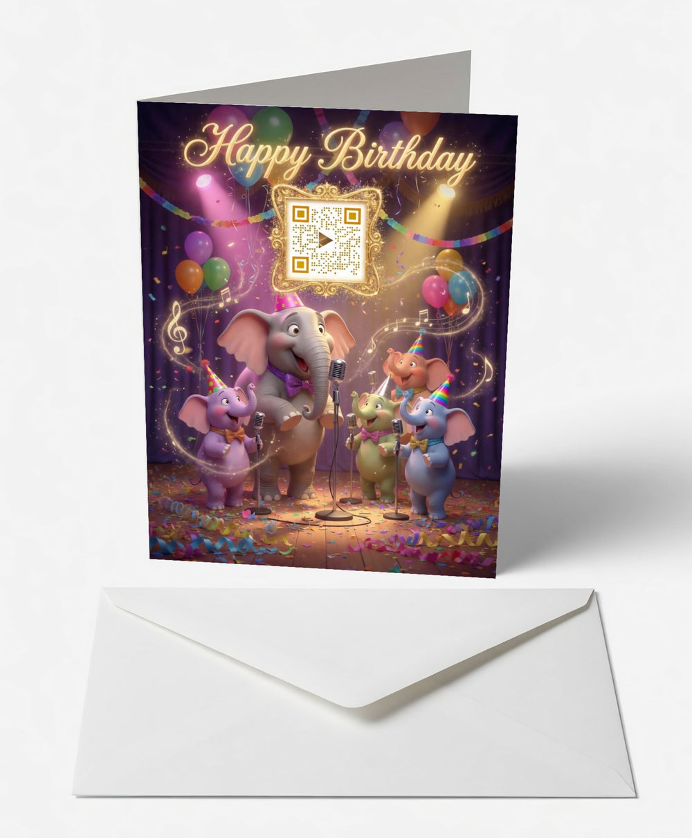 Scanimate | Birthday Card | Harmonious Elephant Choir Design | Interactive QR Song | With Envelope | Happy Birthday Greeting Card | Her/Him