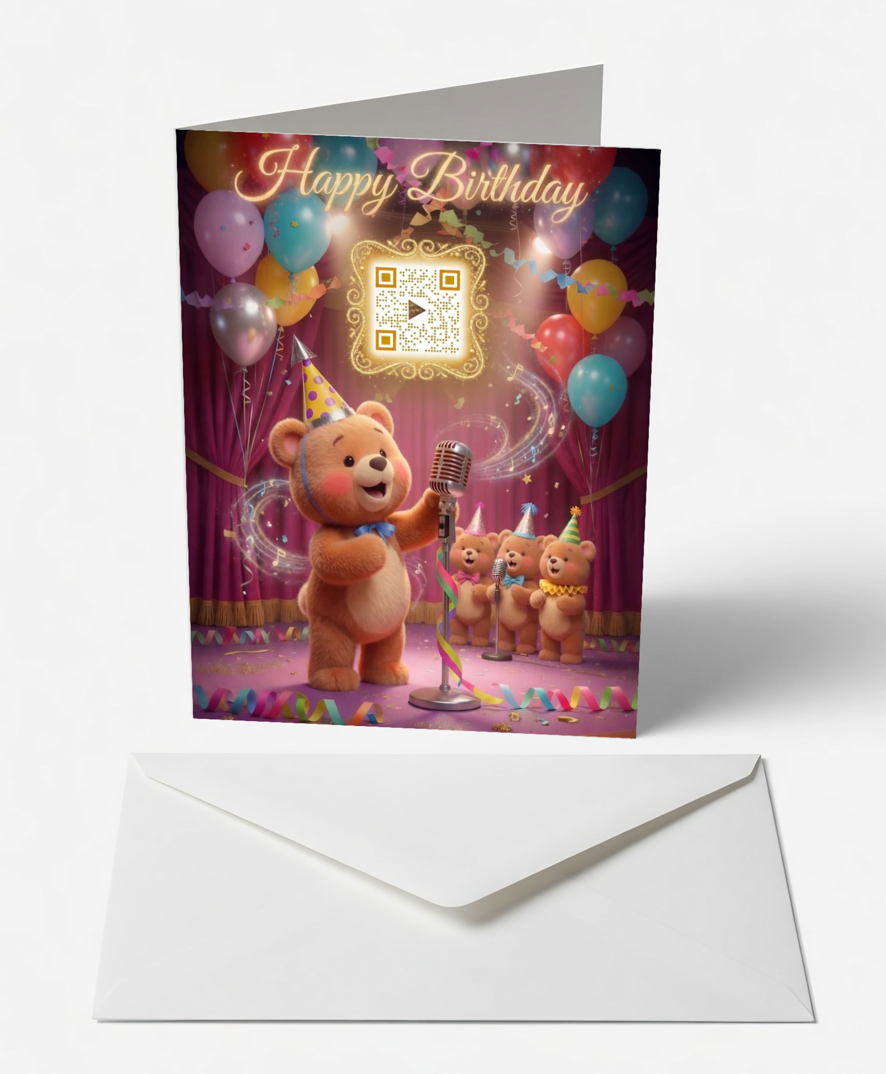 Scanimate | Birthday Card | Harmony Teddy Bear Chorus Design | Interactive QR Song | With Envelope | Happy Birthday Greeting Card | Kids/Her/Him