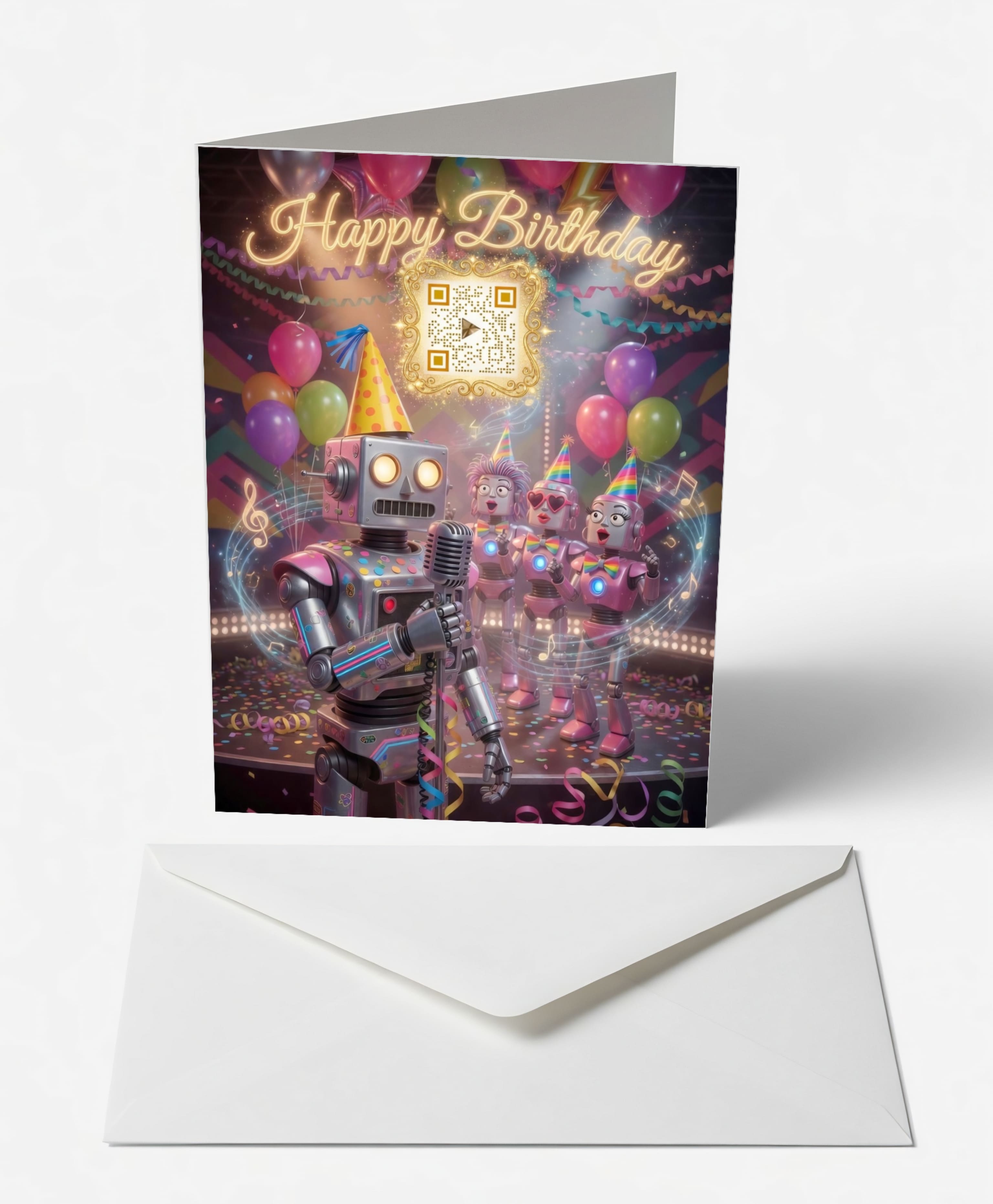 Scanimate | Birthday Card | Retro Robot Chorus Design | Interactive QR Song | With Envelope | Happy Birthday Greeting Card | Kids/Her/Him