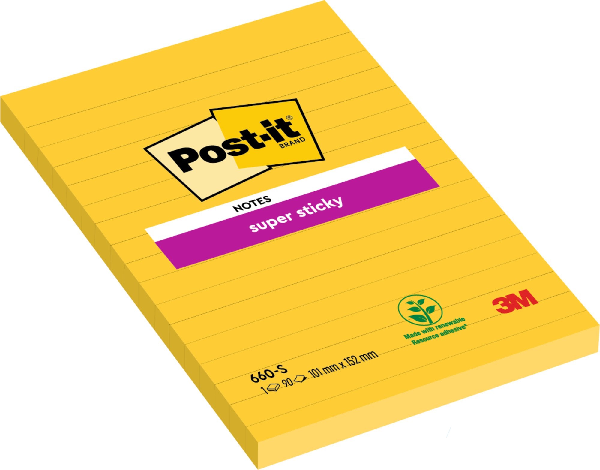 Post-it Super Sticky Notes 102x152mm Ruled 75 Sheets Ultra Yellow (Pack 6) 7100172740