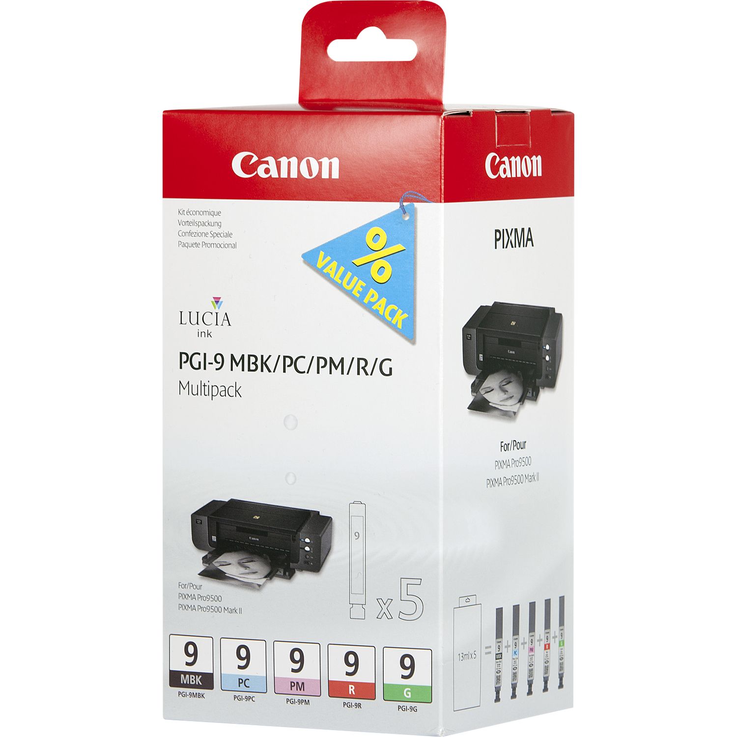Canon PGI9 Green Matte Black Red Photo Cyan Magenta Standard Capacity Ink Cartridge Multipack 5 x 14ml (Pack 5) - 1033B013
