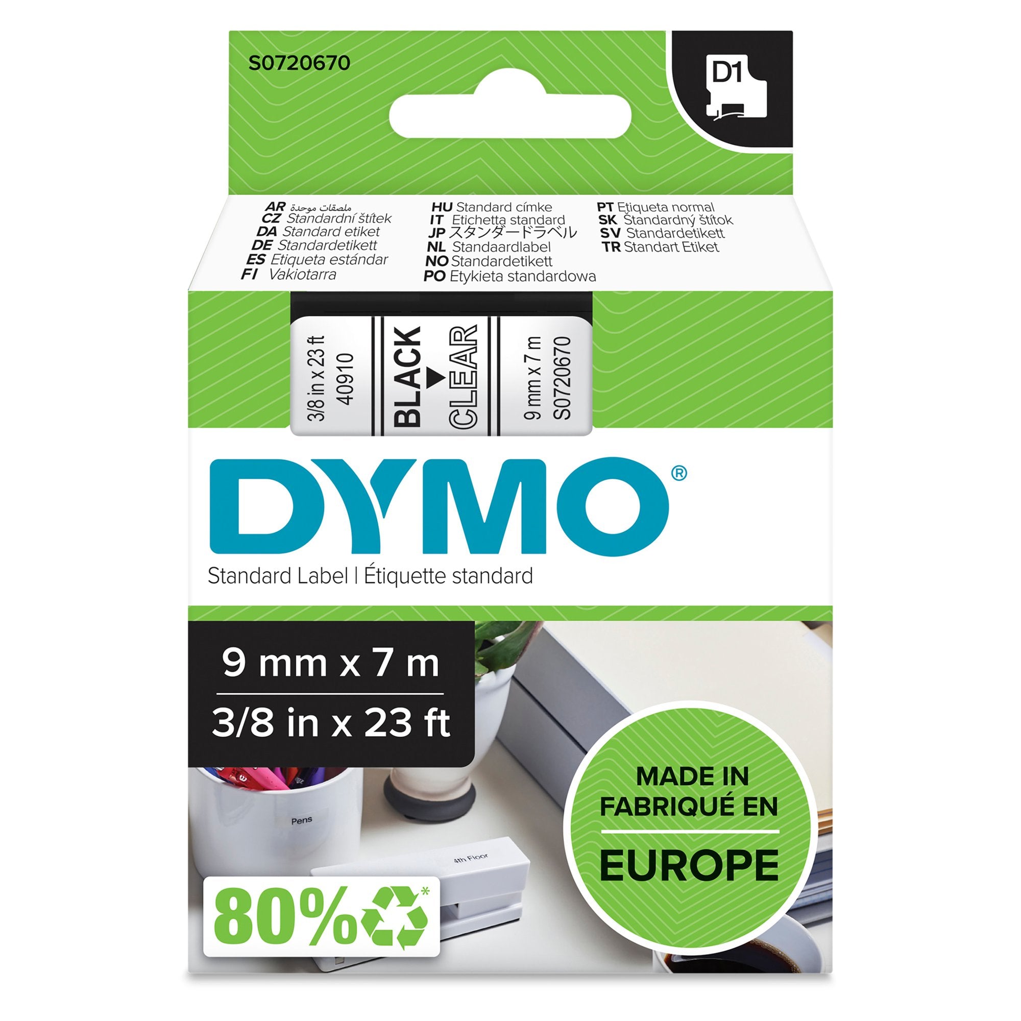 Dymo D1 Label Tape 9mmx7m Black on Transparent - S0720670