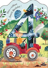 Boys 4th Birthday Card - Age 4 - Dog in Tractor with Balloons and Foil Finish