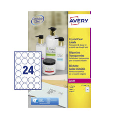 Avery Laser Label 40mm Diameter 24 Per A4 Sheet Crystal Clear (Pack 600 Labels) L7780-25