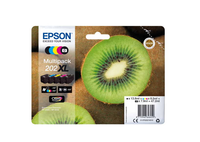 Epson 202XL Kiwi Black Photo Black Cyan Magenta Yellow High Yield Ink Cartridge Multipack 13.8ml + 7.9ml + 3 x 8.5ml (Pack 5) - C13T02G74010