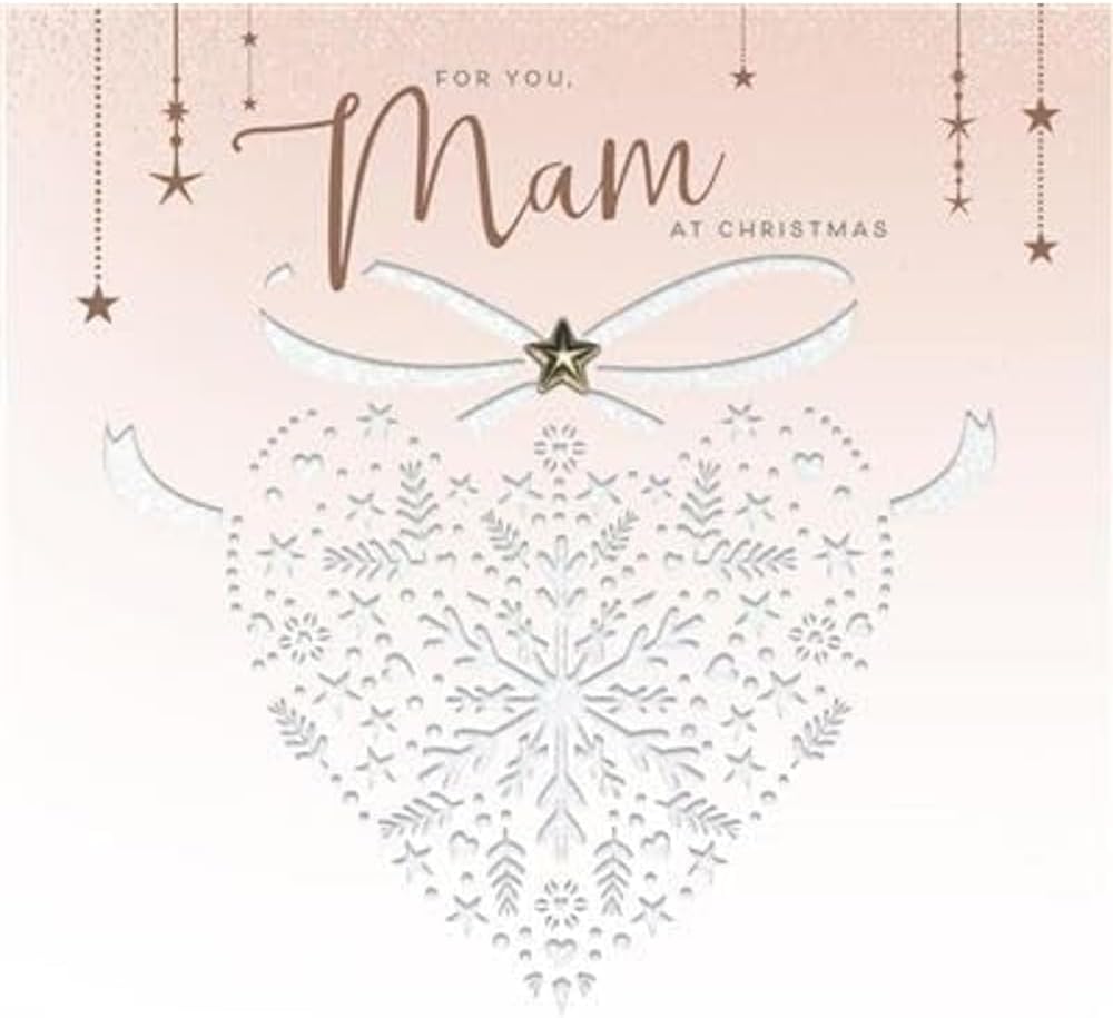 UK Greetings Mam Christmas Card - Patterned heart and stars with embellishments, die cut and foil, embossed details - Eco-Friendly