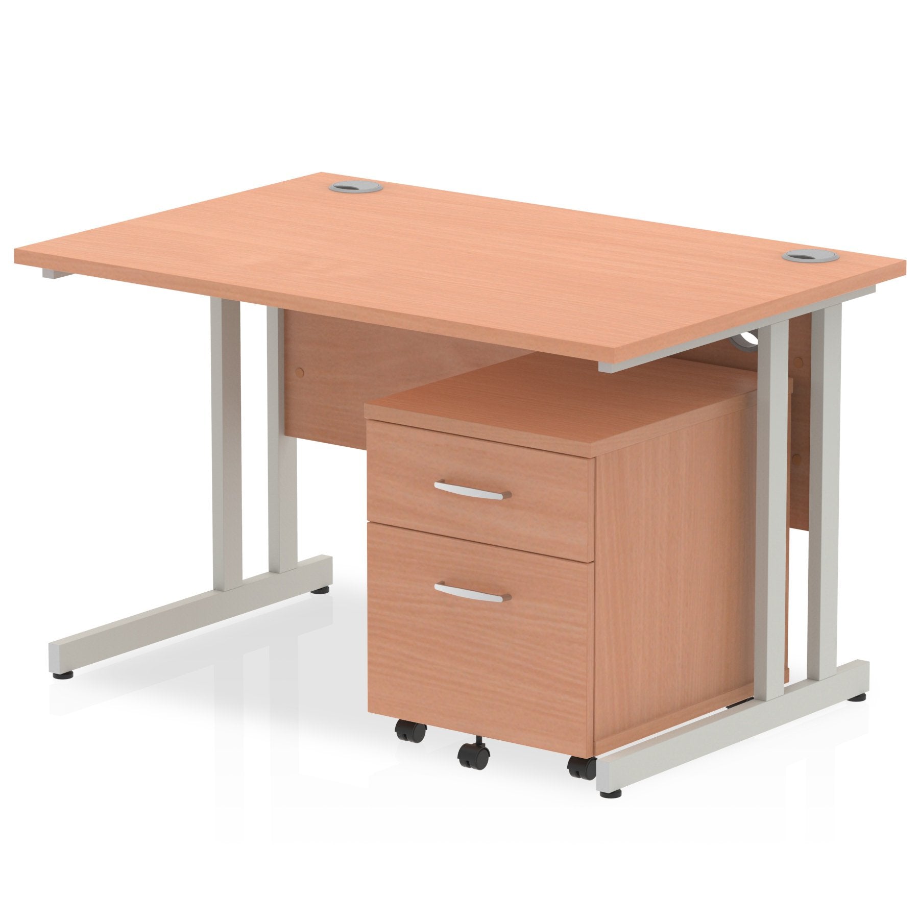 Impulse Cantilever Straight Office Desk W1200 x D800 x H730mm Beech Finish Silver Frame With 2 Drawer Mobile Pedestal - MI000950 DD