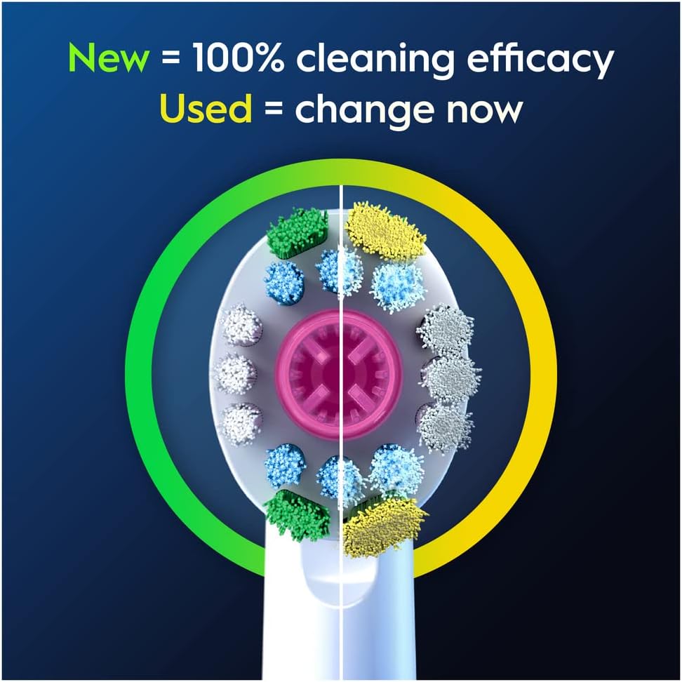 Set of 10 Oral-B 3D White replacement toothbrush heads for electric toothbrushes, shown with white bristles and blue accents.