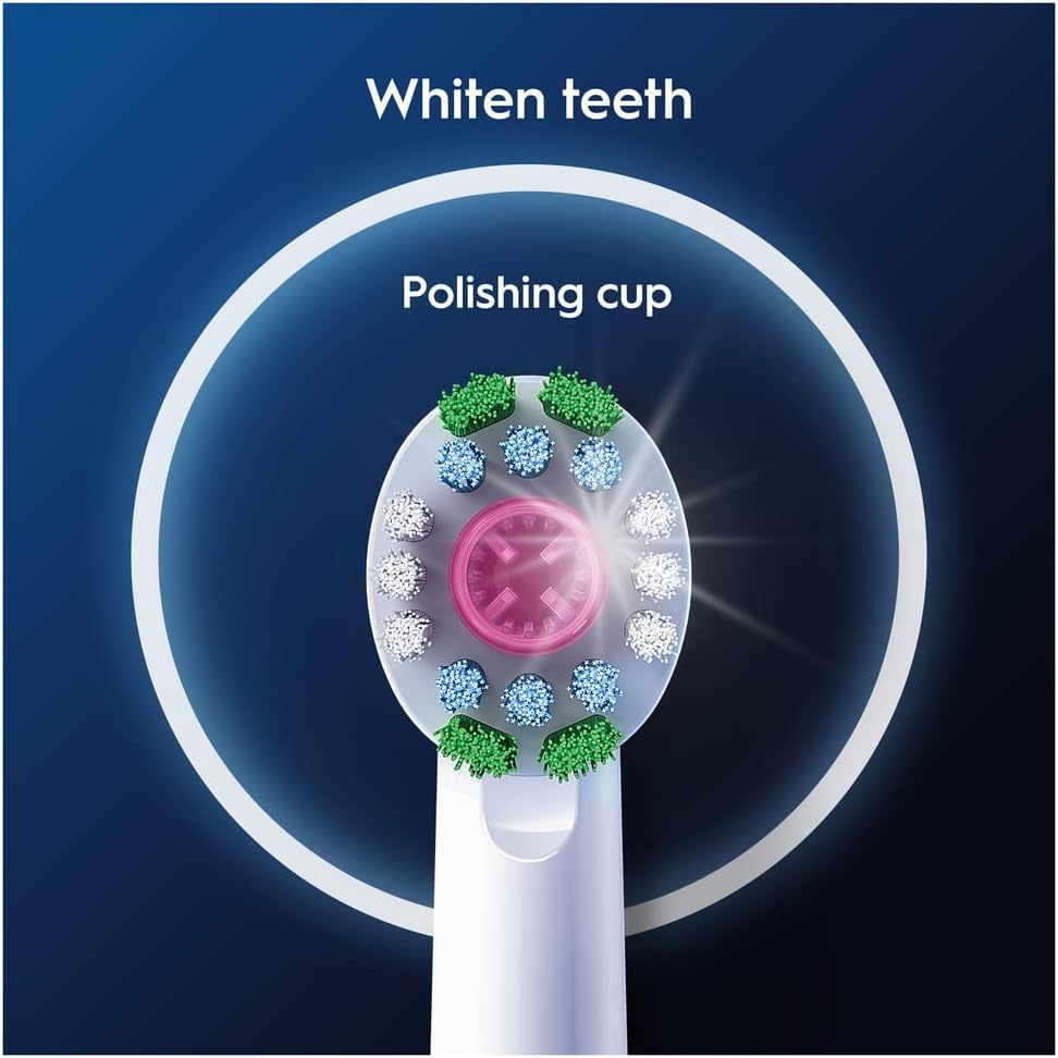 Set of 10 Oral-B 3D White replacement toothbrush heads for electric toothbrushes, showing white bristles and blue accents.