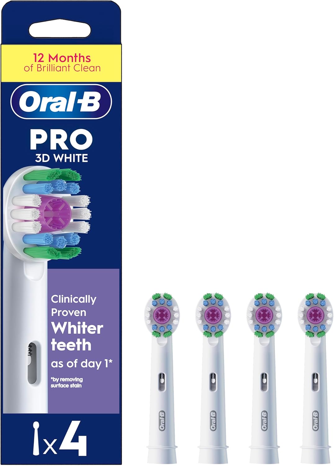 Four Oral-B 3D White replacement toothbrush heads for electric toothbrushes, showing fresh, clean bristles and white accents.