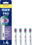 Four Oral-B 3D White replacement toothbrush heads for electric toothbrushes, showing fresh, clean bristles and white accents.