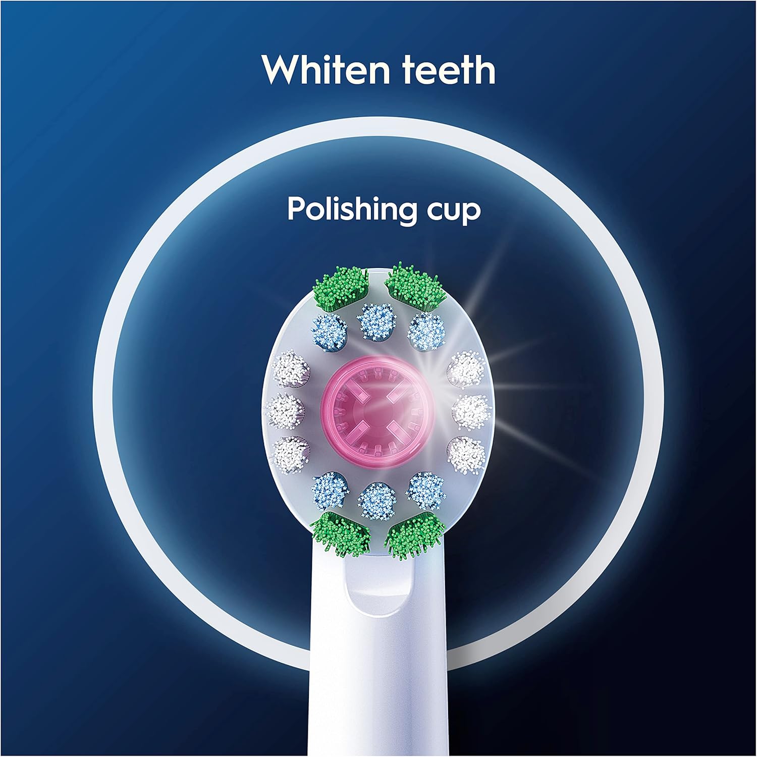Oral-B 3D White replacement toothbrush heads, 4-pack, compatible with Oral-B electric toothbrushes, featuring whitening bristles.