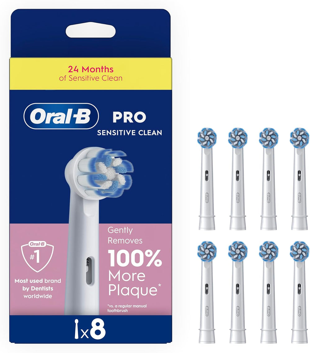 Oral-B 3D White replacement toothbrush heads in an 8-pack, designed for effective whitening and cleaning.