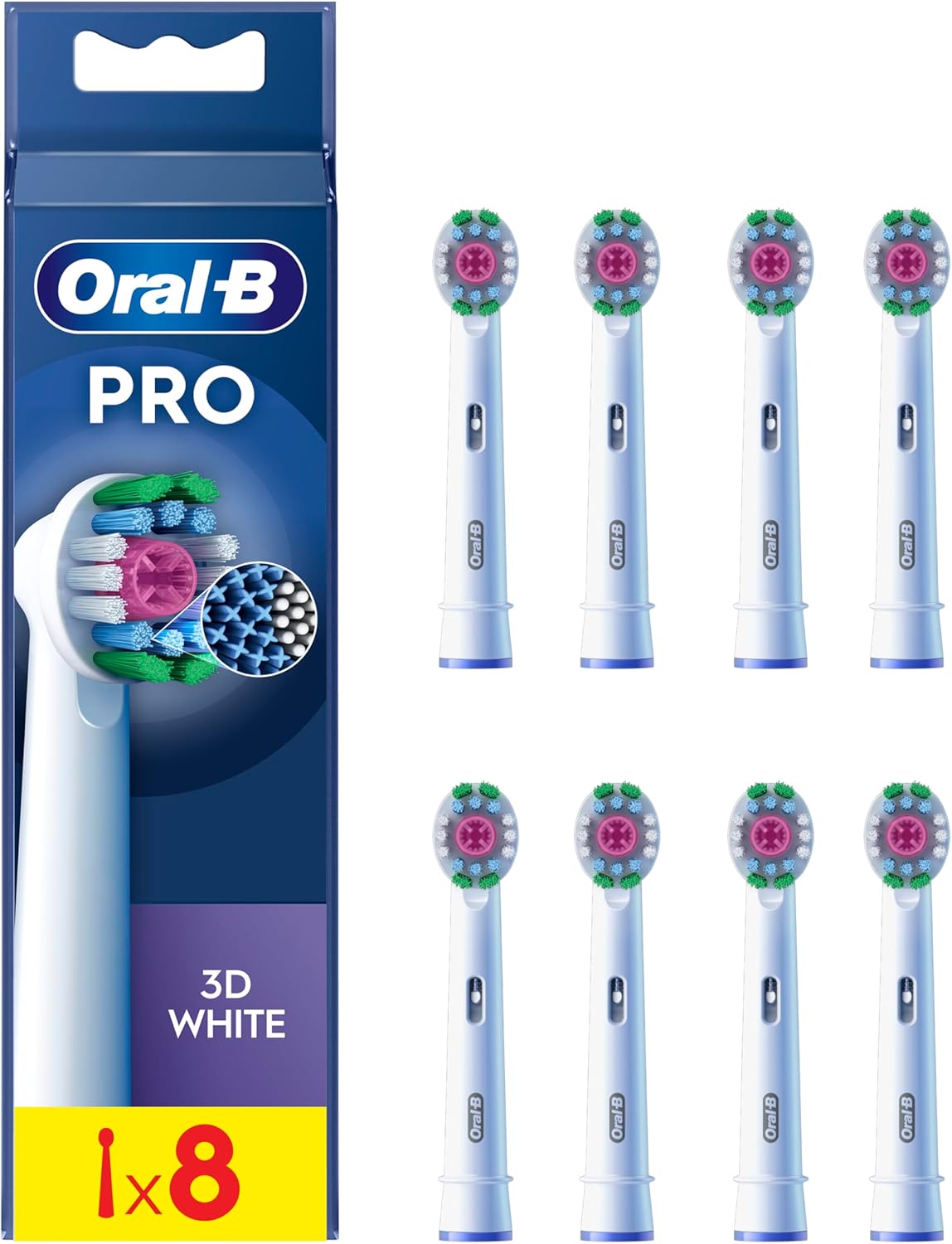 Eight Oral-B 3D White replacement toothbrush heads for effective teeth whitening and cleaning.
