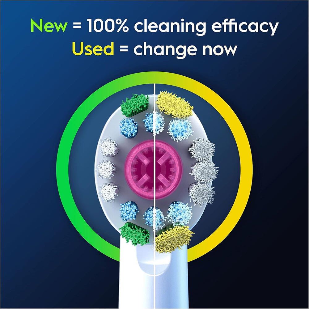 Eight Oral-B 3D White replacement toothbrush heads for effective teeth whitening and cleaning.