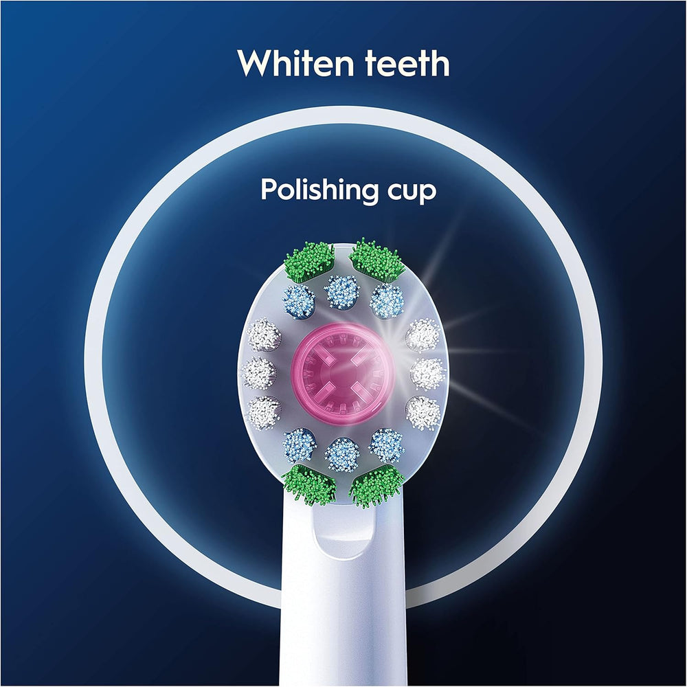 Oral-B 3D White replacement toothbrush heads, 8-pack, designed for effective whitening and cleaning with electric toothbrushes.